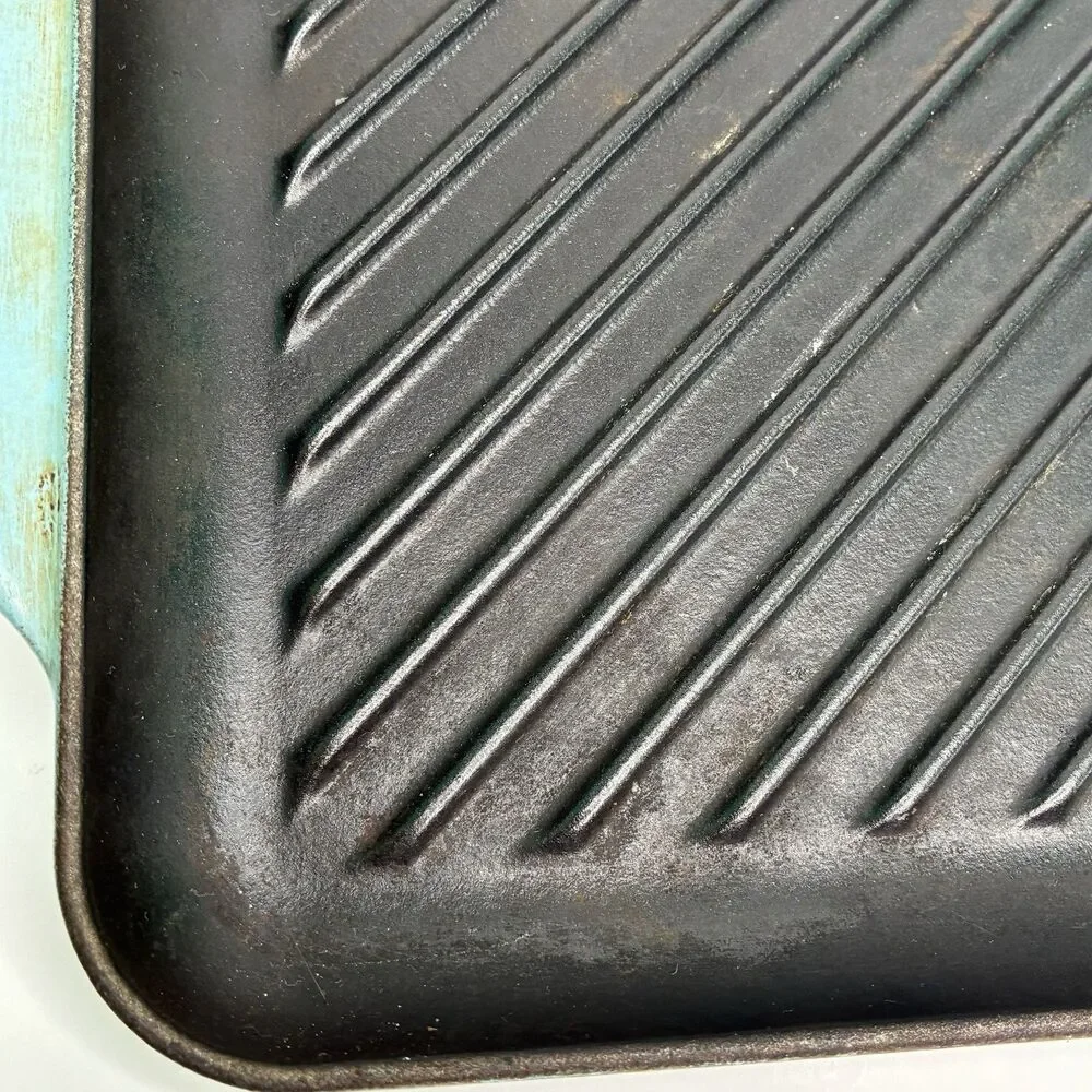 Le Creuset Blue Enameled Square Handle Cast Iron Grill Griddle Pan #24 Pre-owned